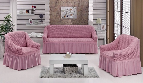Чехлы стрейч на диван и кресла с оборкой  Цвет Розовый