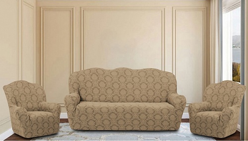 Еврочехлы стрейч на диван и кресла Жаккардовые Б/О цвет KAR 007-03 Bej арт. 633/311.003