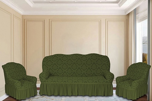 Еврочехлы стрейч на диван и кресла Жаккардовые с оборкой цвет  KAR 012-09 Yesil 628/311.009