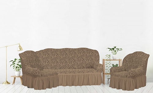 Еврочехлы стрейч на угловой диван и кресло Жаккардовые с оборкой цвет KAR 014-01 Сapicino арт. 663/401.001