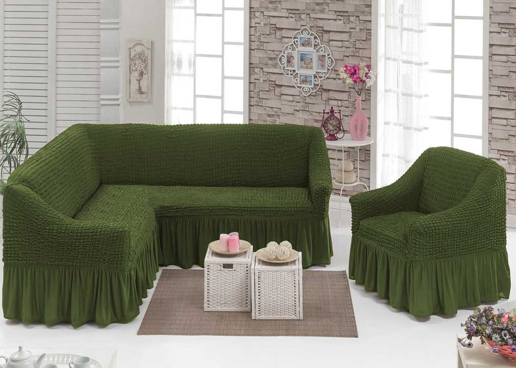 Чехлы стрейч на угловой диван с полочкой + кресло цвет Зеленый левый угол254/405.222 купить в интернет-магазине «Стели Постели»