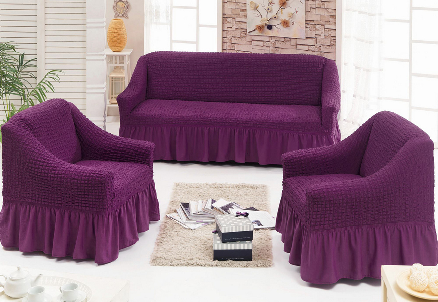 Чехлы стрейч на диван и кресла с оборкой Цвет Фиолетовый купить винтернет-магазине «Стели Постели»