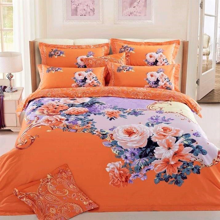 Оранжевый комплект постельного белья с цветочным принтом