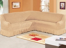 Чехол стрейч на угловой диван с оборкой Цвет Светло-бежевый