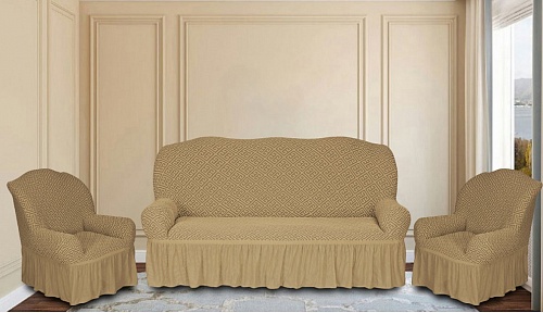 Еврочехлы стрейч на диван и кресла Жаккардовые С/О цвет KAR 011-11 A.Bej арт. 627/311.008