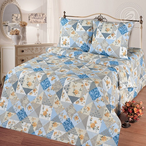 КПБ АртПостель Бязь рисунок Лоскутная мозаика голубая артикул 100/1 размер 1,5 спальный