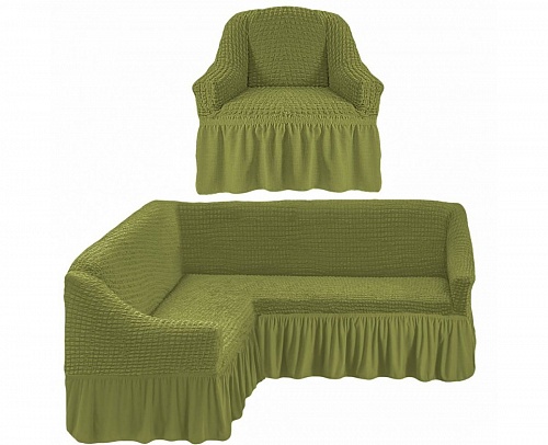 Чехлы стрейч на угловой диван и кресло с оборкой Цвет Фисташковый арт. 230/401.228