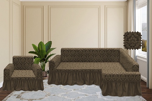Еврочехлы стрейч на угловой диван и кресло Жаккардовые с оборкой цвет KAR 001-01 Капучино арт. 654/401.001