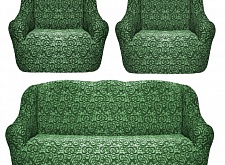 Еврочехлы стрейч на диван и кресла Жаккардовые без оборки цвет Зеленый  Venzel-02  арт.  265/311.002