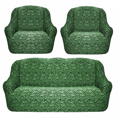 Еврочехлы стрейч на диван и кресла Жаккардовые без оборки цвет Зеленый  Venzel-02  арт.  265/311.002
