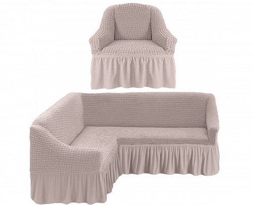 Чехлы стрейч на угловой диван и кресло с оборкой Цвет Молочный арт. 230/401.212