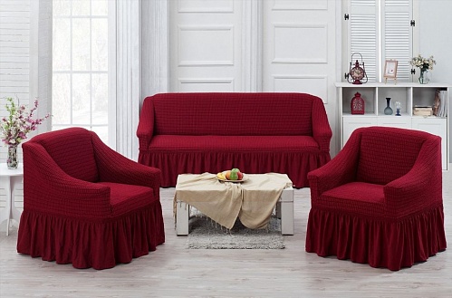 Чехлы стрейч на диван и кресла с оборкой Цвет Бордовый арт. 228/311.221