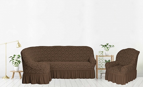 Еврочехлы стрейч на угловой диван и кресло Жаккардовые с оборкой цвет KAR 012-05 A.Kahve арт. 661/401.005