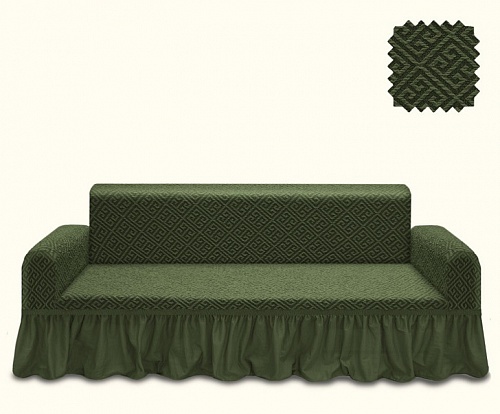 Еврочехлы стрейч на 3-х местный диван Жаккардовые с оборкой цвет KAR 011-09 Yesil арт. 740/110.009