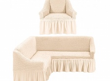 Чехлы стрейч на угловой диван и кресло с оборкой Цвет Кремовый арт. 230/401.214