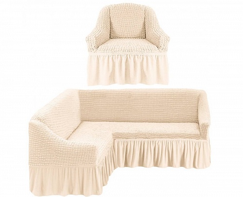 Чехлы стрейч на угловой диван и кресло с оборкой Цвет Кремовый арт. 230/401.214