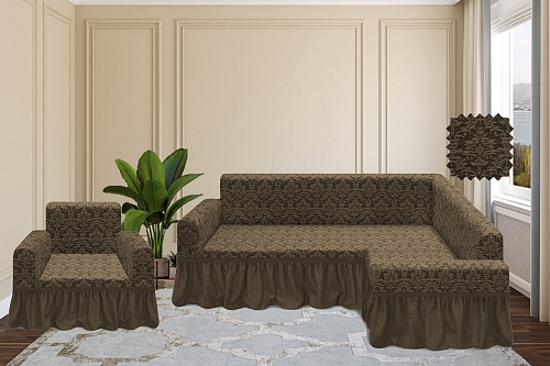 Еврочехлы стрейч на угловой диван и кресло Жаккардовые с оборкой цвет KAR 001-05 A.Kahve арт. 654/401.005