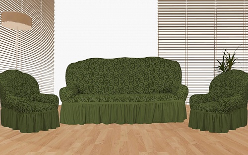 Еврочехлы стрейч на диван и кресла Жаккардовые С/О цвет KAR 014-09 Yesil арт. 630/311.009