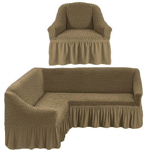 Чехлы стрейч на угловой диван и кресло с оборкой Цвет Хаки арт.230/401.220
