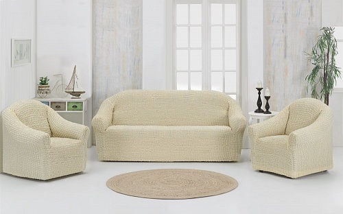 Комплект стрейч-чехлов на диван и кресла без оборки Цвет Кремовый арт. 255/311.214