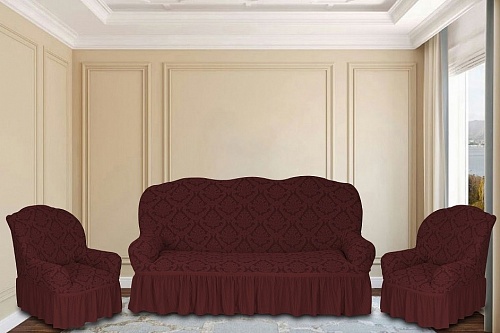 Еврочехлы стрейч на диван и кресла Жаккардовые С/О цвет KAR 012-10 Bordo арт. 628/311.010
