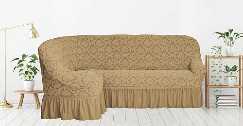 Еврочехлы стрейч на угловой диван Жаккардовые с оборкой цвет KAR 012-11 A.Bej арт. 651/400.011
