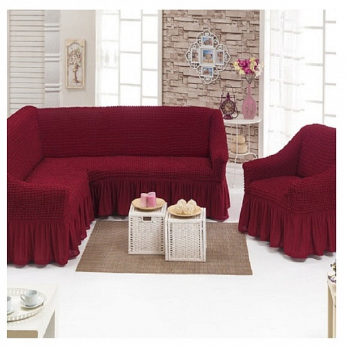 Чехлы стрейч на угловой диван и кресло с оборкой Цвет Бордовый арт. 230/401.221