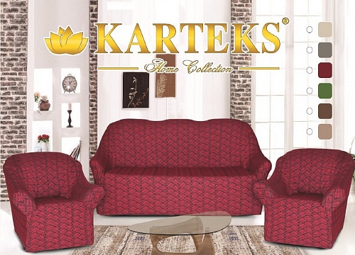 Еврочехлы стрейч на диван и кресла Жаккардовые без оборки цвет бордовый Лист-05   арт.  290/311.005