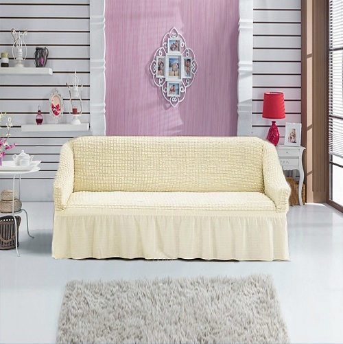 Чехол стрейч на 3-х местный диван с оборкой Цвет Кремовый арт. 246/110.214