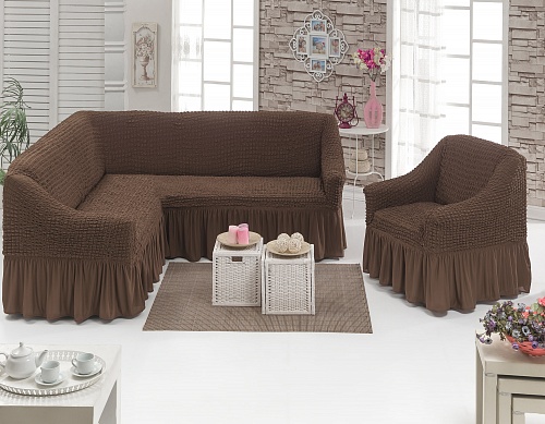 Чехлы стрейч  на угловой диван и кресло с оборкой Цвет Шоколадный арт. 230/401.201