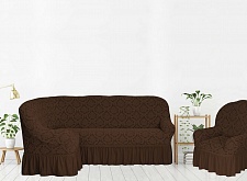 Еврочехлы стрейч на угловой диван и кресло Жаккардовые с оборкой цвет KAR 012-07 K.Kahve арт. 661/401.007