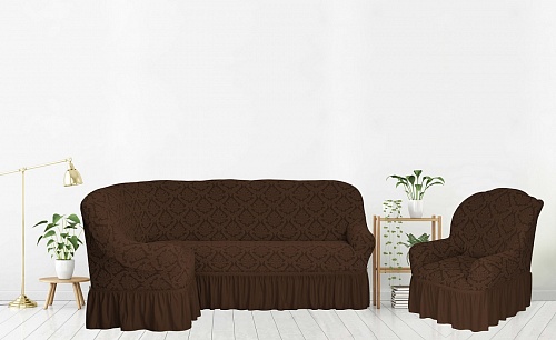 Еврочехлы стрейч на угловой диван и кресло Жаккардовые с оборкой цвет KAR 012-07 K.Kahve арт. 661/401.007