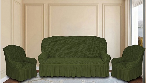 Еврочехлы стрейч на диван и кресла Жаккардовые С/О цвет KAR 011-09 Зеленый арт.627/311.009