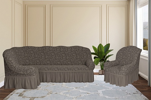 Еврочехлы стрейч на угловой диван и кресло Жаккардовые с оборкой цвет KAR 013-11 Vizon арт. 662/401.011