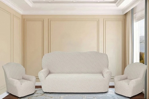 Еврочехлы стрейч на диван и кресла Жаккардовые Б/О цвет KAR 011-02 Кремовый арт.  637/311.002