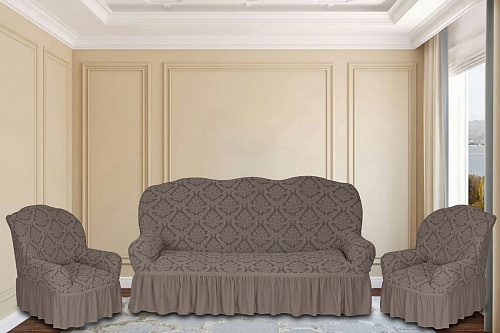Еврочехлы стрейч на диван и кресла Жаккардовые с оборкой цвет  KAR 012-111 Vizon 628/311.011