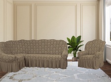 Еврочехлы стрейч на угловой диван и кресло Жаккардовые с оборкой цвет KAR 007-01 Капучино арт. 656/401.001