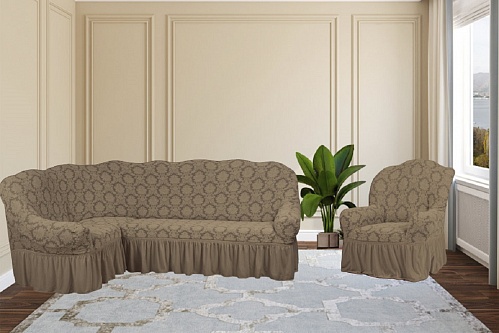 Еврочехлы стрейч на угловой диван и кресло Жаккардовые с оборкой цвет KAR 007-01 Капучино арт. 656/401.001