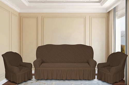 Еврочехлы стрейч на диван и кресла Жаккардовые С/О цвет KAR 011-05 A.Kahve арт.627/311.005