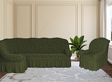 Еврочехлы стрейч на угловой диван и кресло Жаккардовые с оборкой цвет KAR 013-09 Yesil арт. 662/401.009