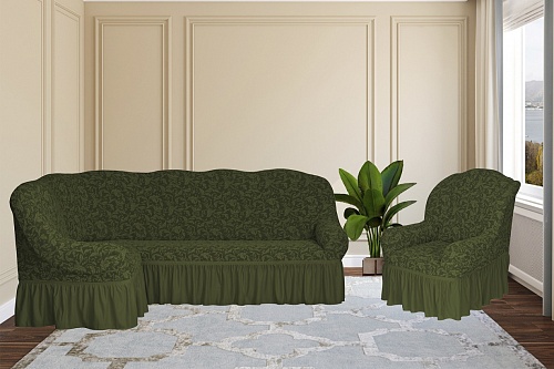 Еврочехлы стрейч на угловой диван и кресло Жаккардовые с оборкой цвет KAR 013-09 Yesil арт. 662/401.009