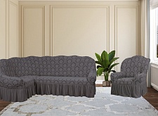 Еврочехлы стрейч на угловой диван и кресло Жаккардовые с оборкой цвет KAR 007-04 Gri арт. 656/401.004
