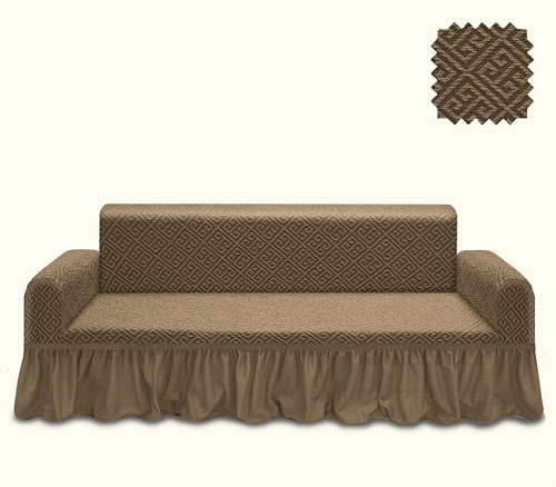 Еврочехлы стрейч на 3-х местный диван Жаккардовые с оборкой цвет KAR 011-03 Bej арт. 740/110.003