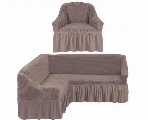 Чехлы стрейч на угловой диван и кресло с оборкой Цвет Какао арт. 230/401.205