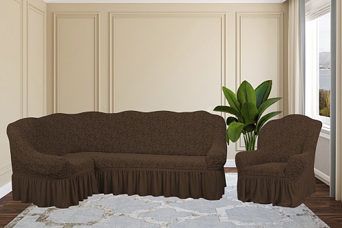 Еврочехлы стрейч на угловой диван и кресло Жаккардовые с оборкой цвет KAR 007-07 Кофе арт. 656/401.007