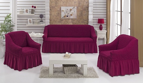 Чехлы стрейч на диван и кресла с оборкой  Цвет Малиновый