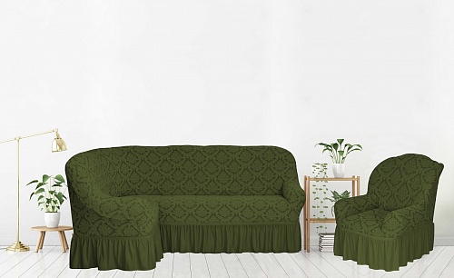Еврочехлы стрейч на угловой диван и кресло Жаккардовые с оборкой цвет KAR 012-09 Yesil арт. 661/401.009