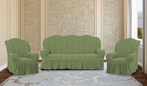 Еврочехлы стрейч на диван и кресла Жаккардовые с оборкой цвет  KAR 008-09 Yesil 534/311.009