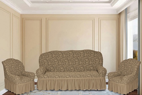 Еврочехлы стрейч на диван и кресла Жаккардовые С/О цвет KAR 013-03 Bej арт. 629/311.003