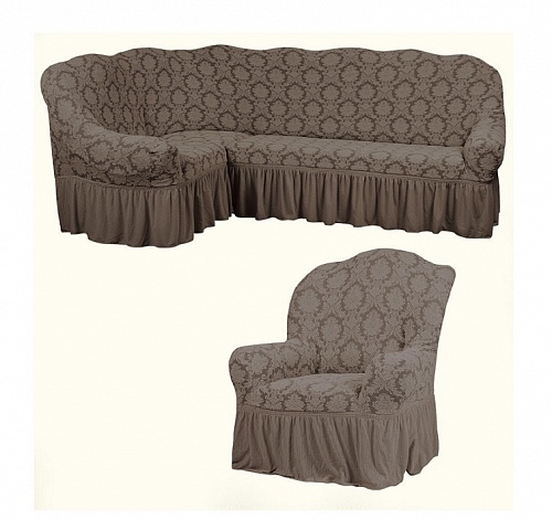 Еврочехлы стрейч на угловой диван и кресло Жаккардовые с оборкой цвет KAR 007-11 Vizon арт. 656/401.011